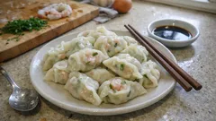 プリッと海老が主役。ニラ香る海老ニラ水餃子—えびを粗めに刻んで、もっちりジューシーに