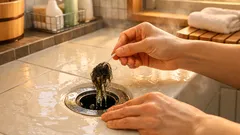 ストローで浴室の排水口掃除がラクにする方法、髪の毛とヌメリを触らず取る裏技