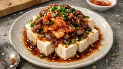 焼肉ダレでさっと炒めてのせるだけ：キムチ牛肉の韓国風スタミナ冷奴（ポン酢×コチュジャンだれ）