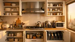 ブックエンドで鍋フタ収納が激変、戸棚のガチャガチャ音を減らす簡単仕切り術