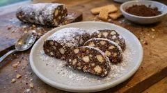 焼かずに作れる「栗のサラミ」—ビスケットとココアで冷やし固めるごちそうデザート